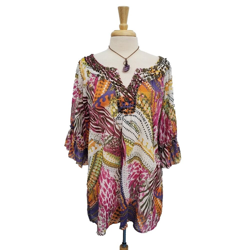 Mushka By Sienna Rose Womens Multicolor Short Sleeve Beaded Tunic Top Size XL